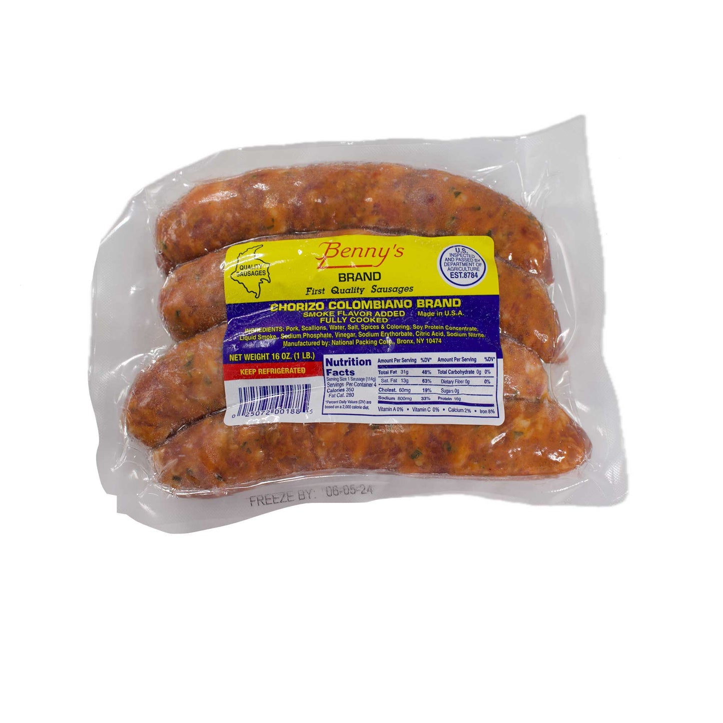 Benny's Antioquian Chorizo - Package X 16 OZ